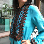 VINTAGE EMBROIDERY BOMBER, AQUA BLUE SILK - SAAKI
