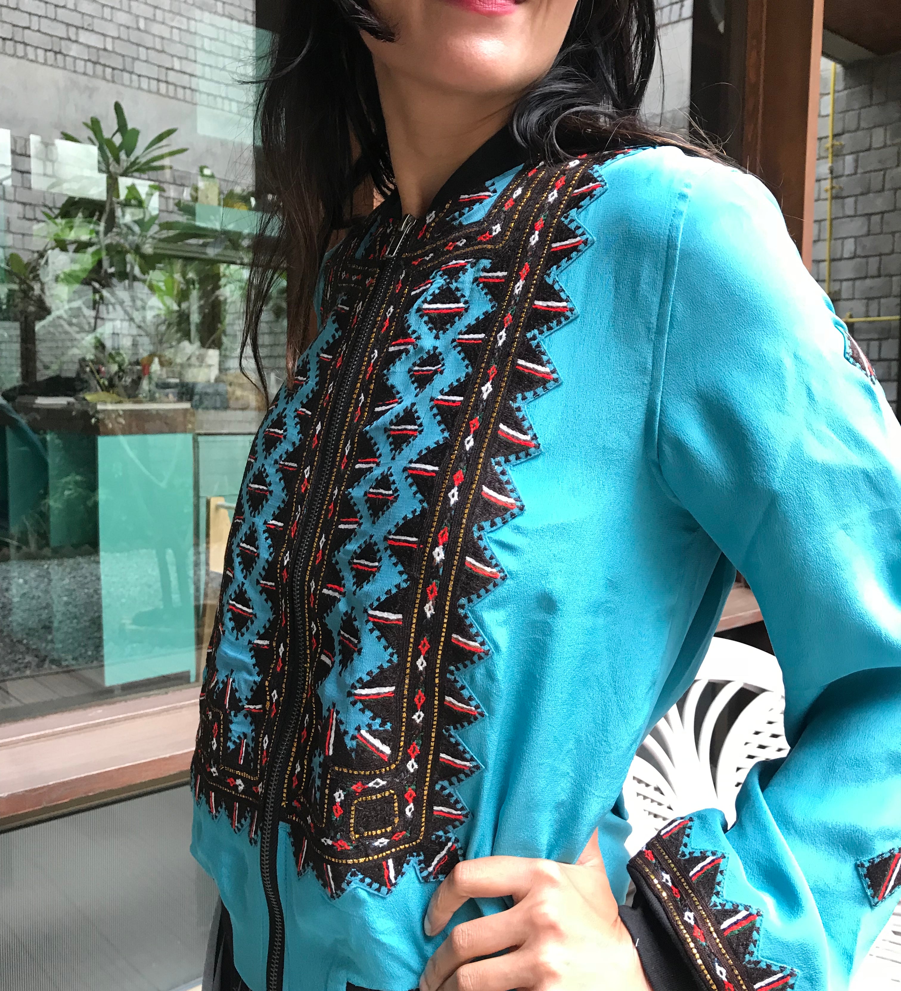 VINTAGE EMBROIDERY BOMBER, AQUA BLUE SILK - SAAKI