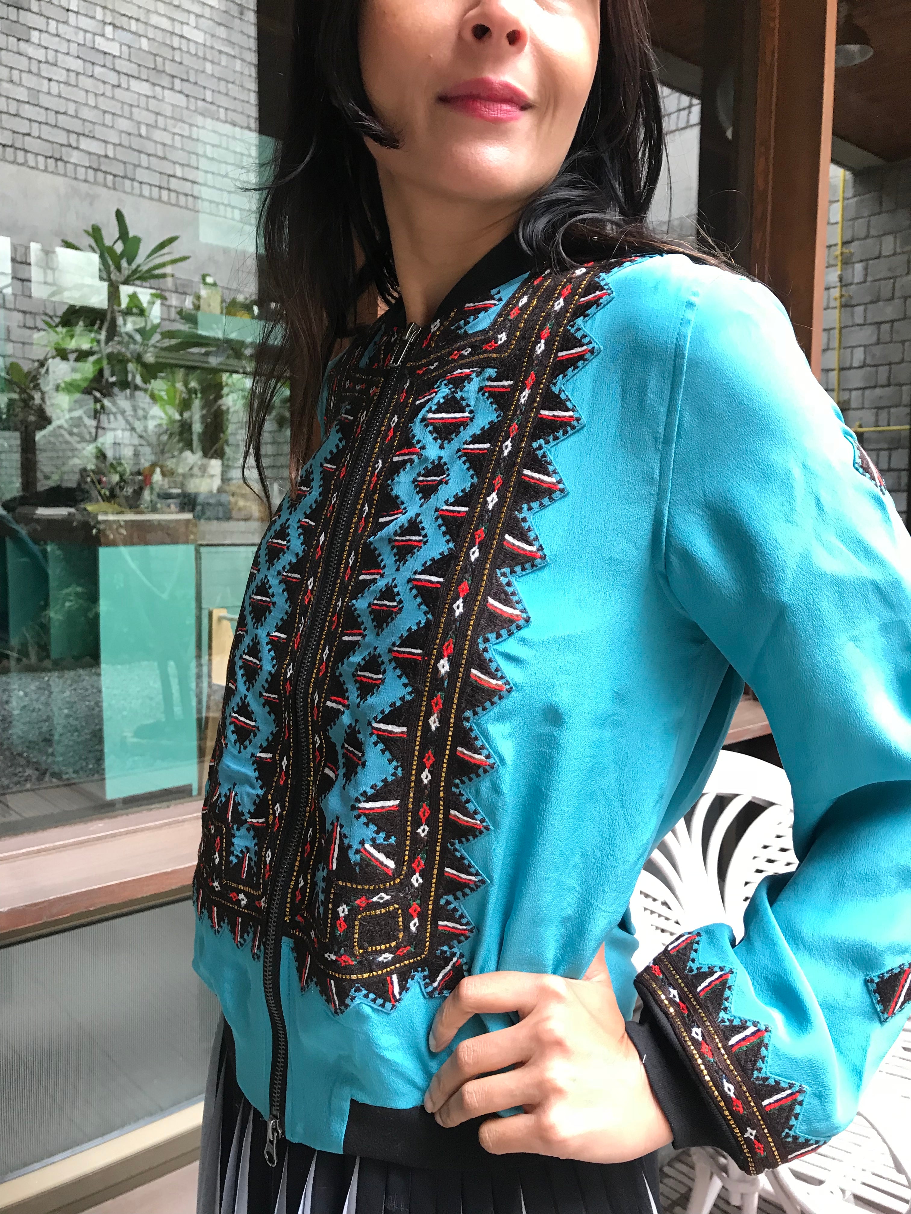 VINTAGE EMBROIDERY BOMBER, AQUA BLUE SILK - SAAKI
