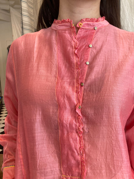 RUFFLE TUNIC , PINK COTTON SILK