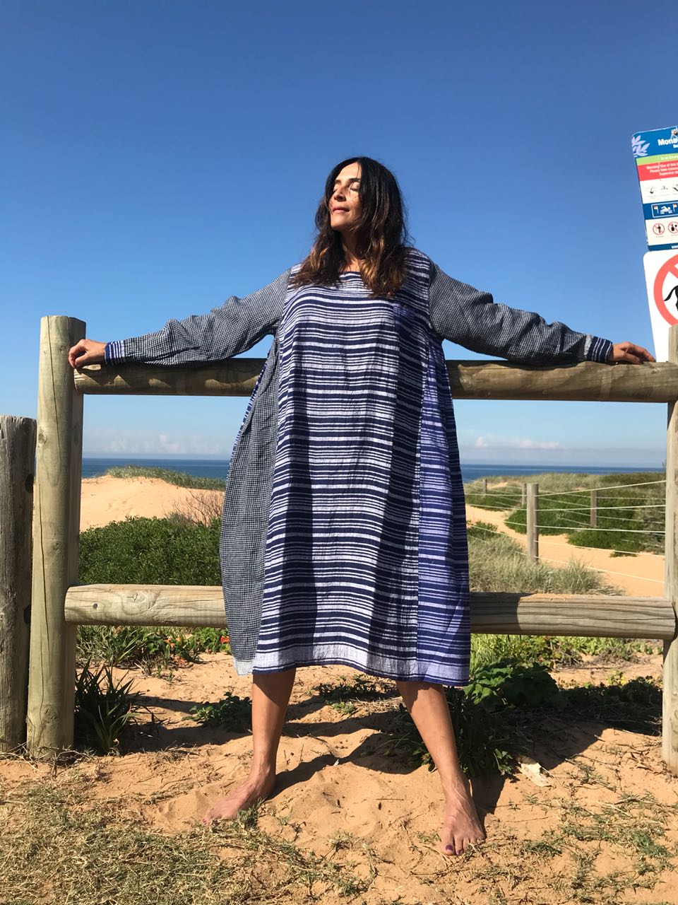 STRIPED LINEN SUMMER DRESS, BLUE - SAAKI