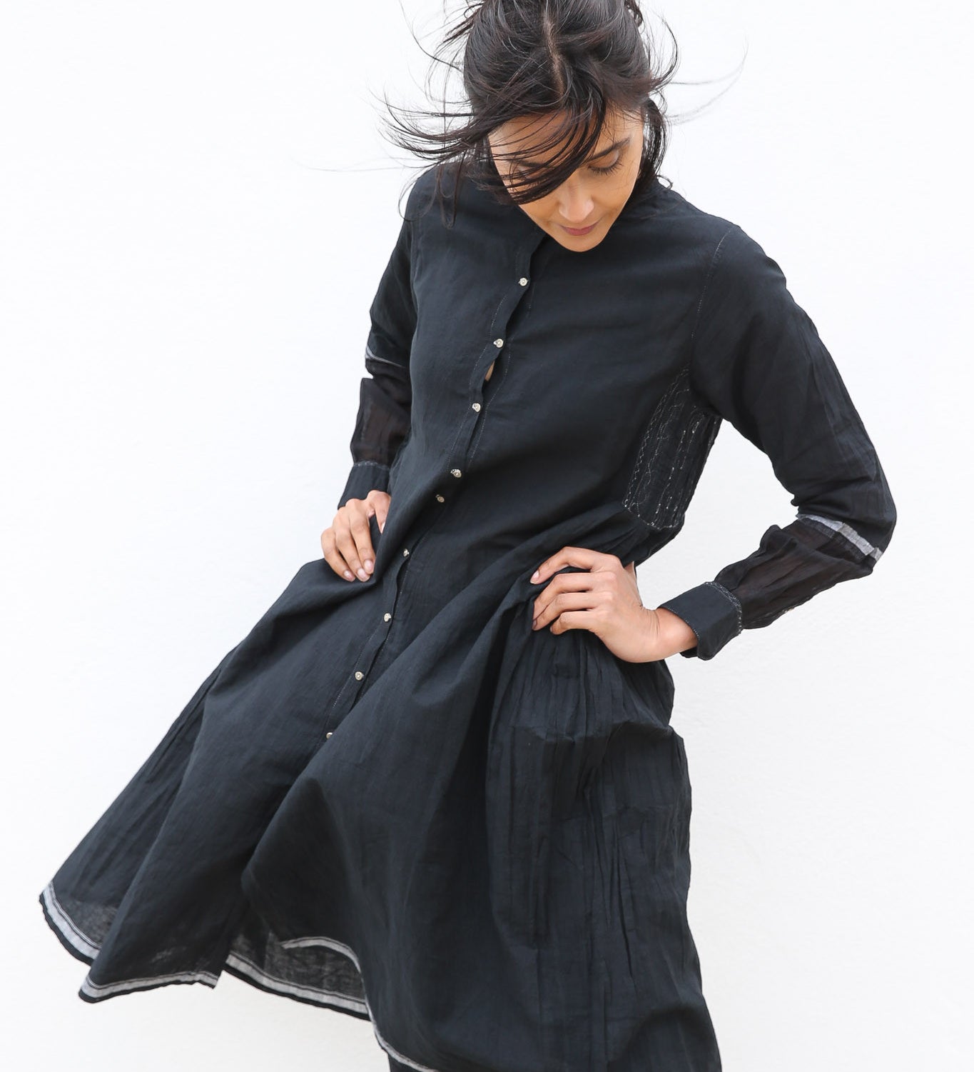 NOORI JACKET DRESS, BLACK HANDWOVEN - SAAKI