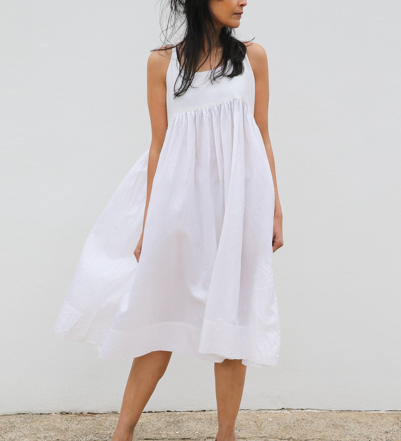 PLEATED SILK CHEMISE DRESS, WHITE SHEER - SAAKI