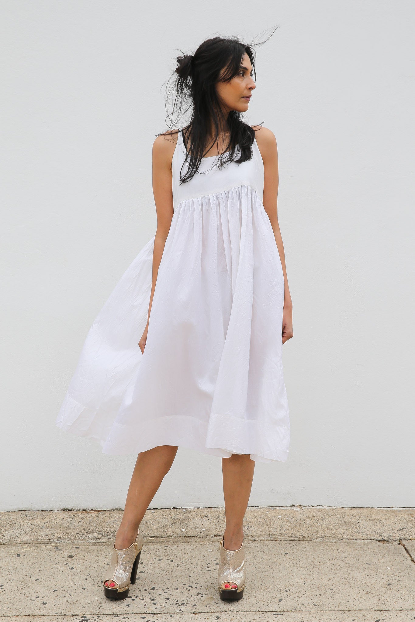 PLEATED SILK CHEMISE DRESS, WHITE SHEER - SAAKI