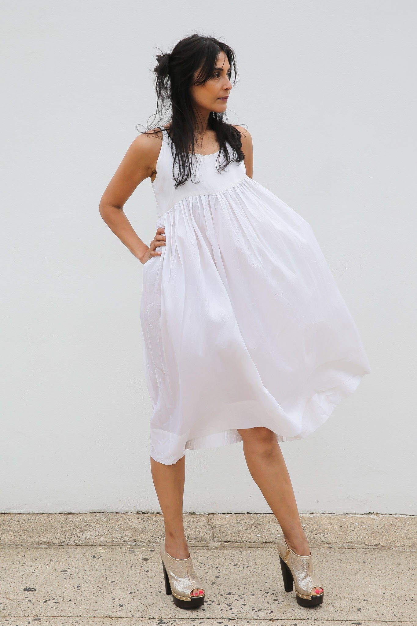 PLEATED SILK CHEMISE DRESS, WHITE SHEER - SAAKI