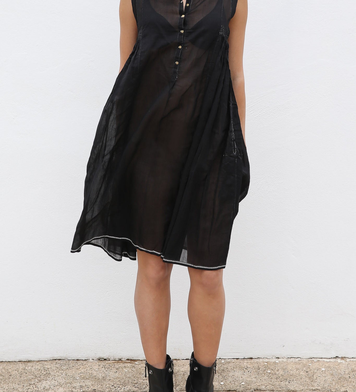 CHANDERI SILK A-LINE DRESS, BLACK HANDWOVEN - SAAKI