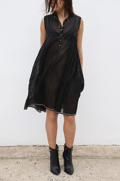 CHANDERI SILK A-LINE DRESS, BLACK HANDWOVEN - SAAKI
