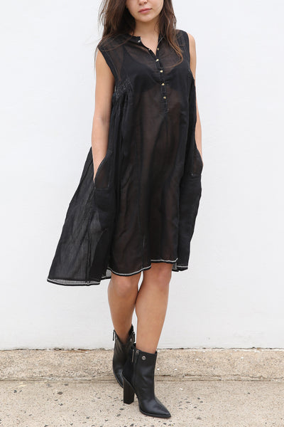 CHANDERI SILK A-LINE DRESS, BLACK HANDWOVEN - SAAKI