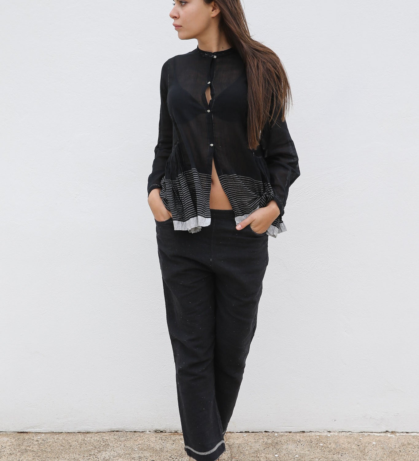 STRIPE GATHERED SHIRT, BLACK SHEER - SAAKI