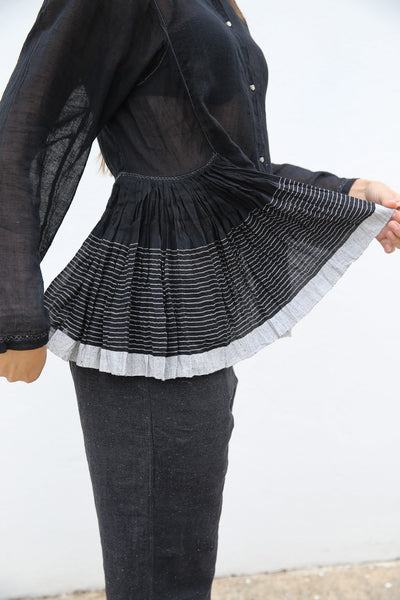 STRIPE GATHERED SHIRT, BLACK SHEER - SAAKI