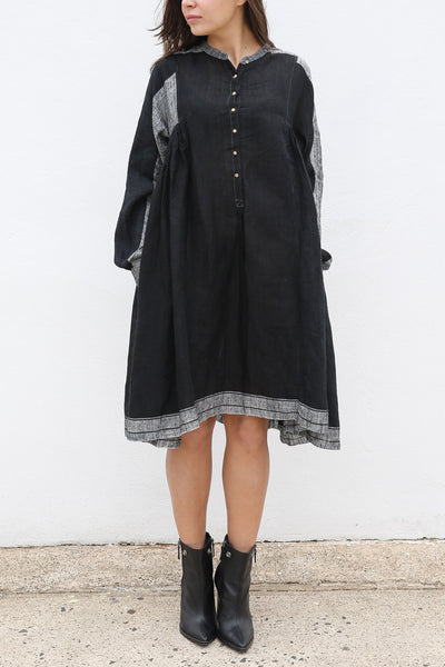 RANGREZ SILK SHIRT DRESS, BLACK HANDWOVEN - SAAKI