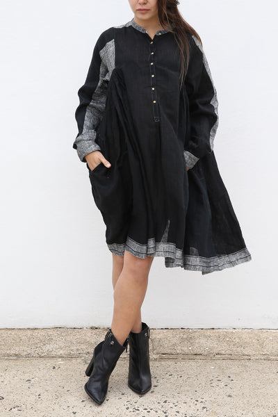 RANGREZ SILK SHIRT DRESS, BLACK HANDWOVEN - SAAKI