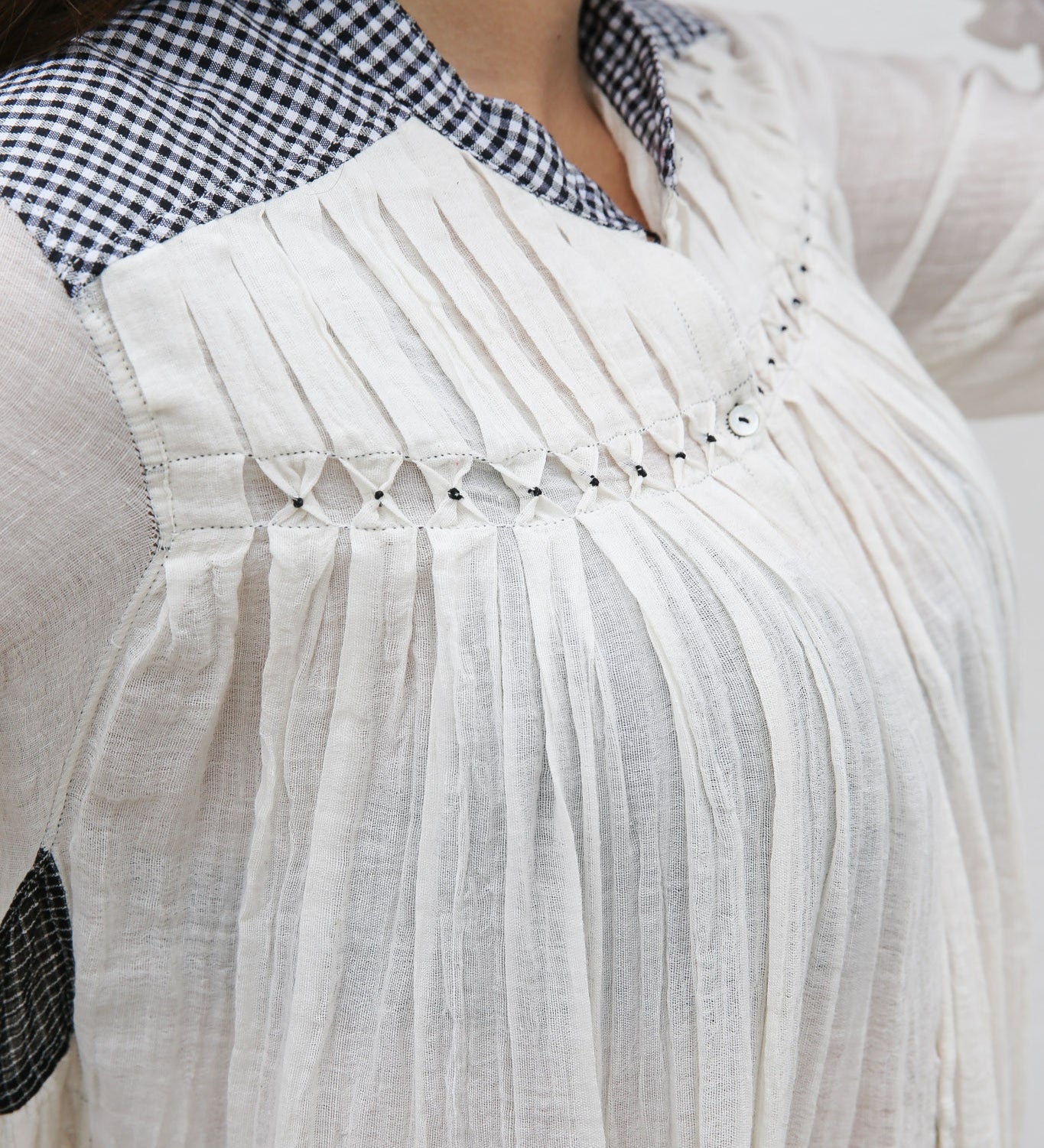 CHECK SHIRT DRESS, IVORY/BLACK HANDWOVEN - SAAKI