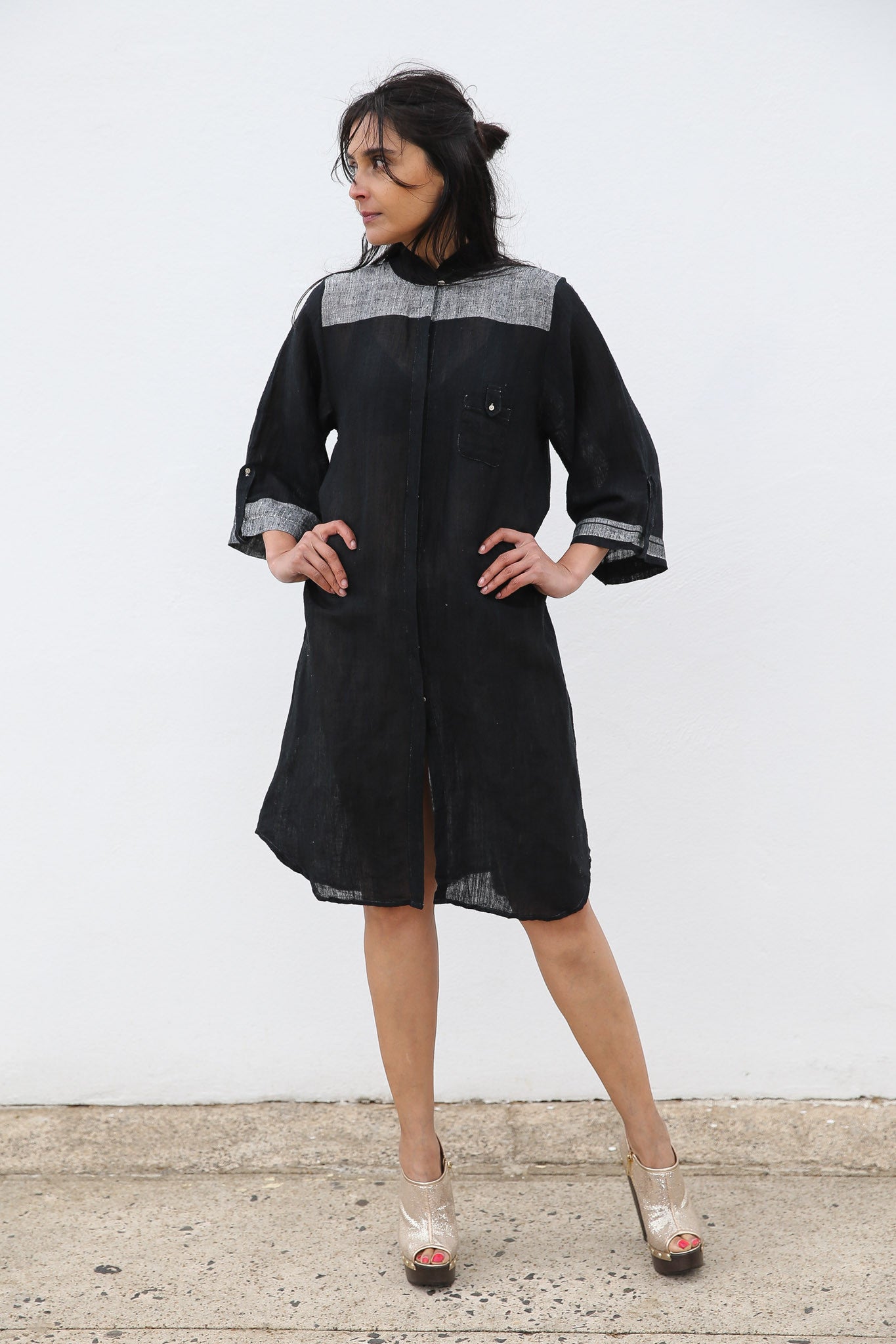 MASAMI JACKET DRESS, BLACK HANDWOVEN - SAAKI