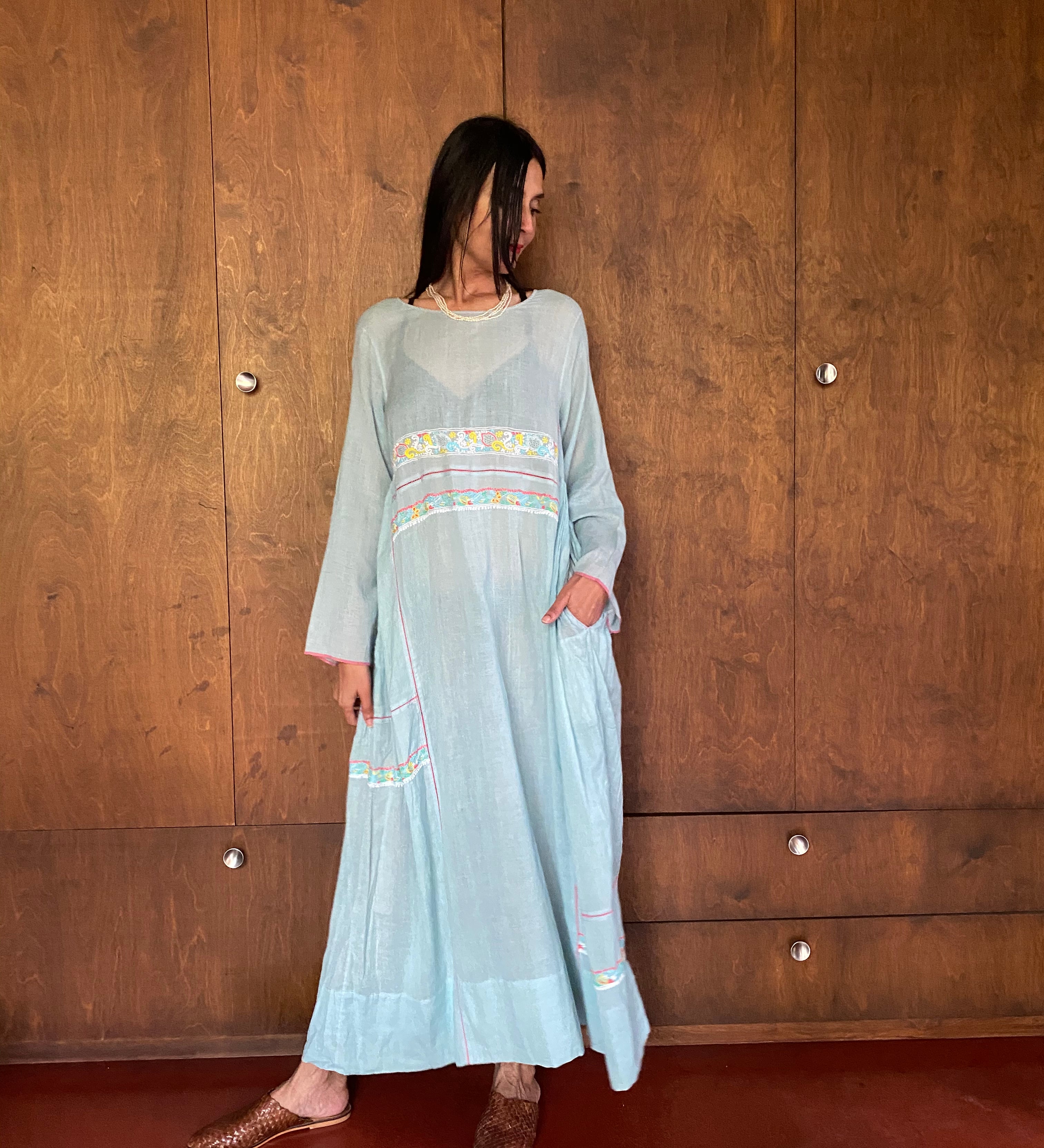 MUSLIN DRESS, BLUE CHIKANKARI - SAAKI
