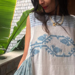 A-LINE SLEEVELESS DRESS, WHITE // BLUE JAMDANI - SAAKI