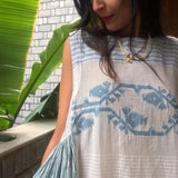 A-LINE SLEEVELESS DRESS, WHITE // BLUE JAMDANI - SAAKI