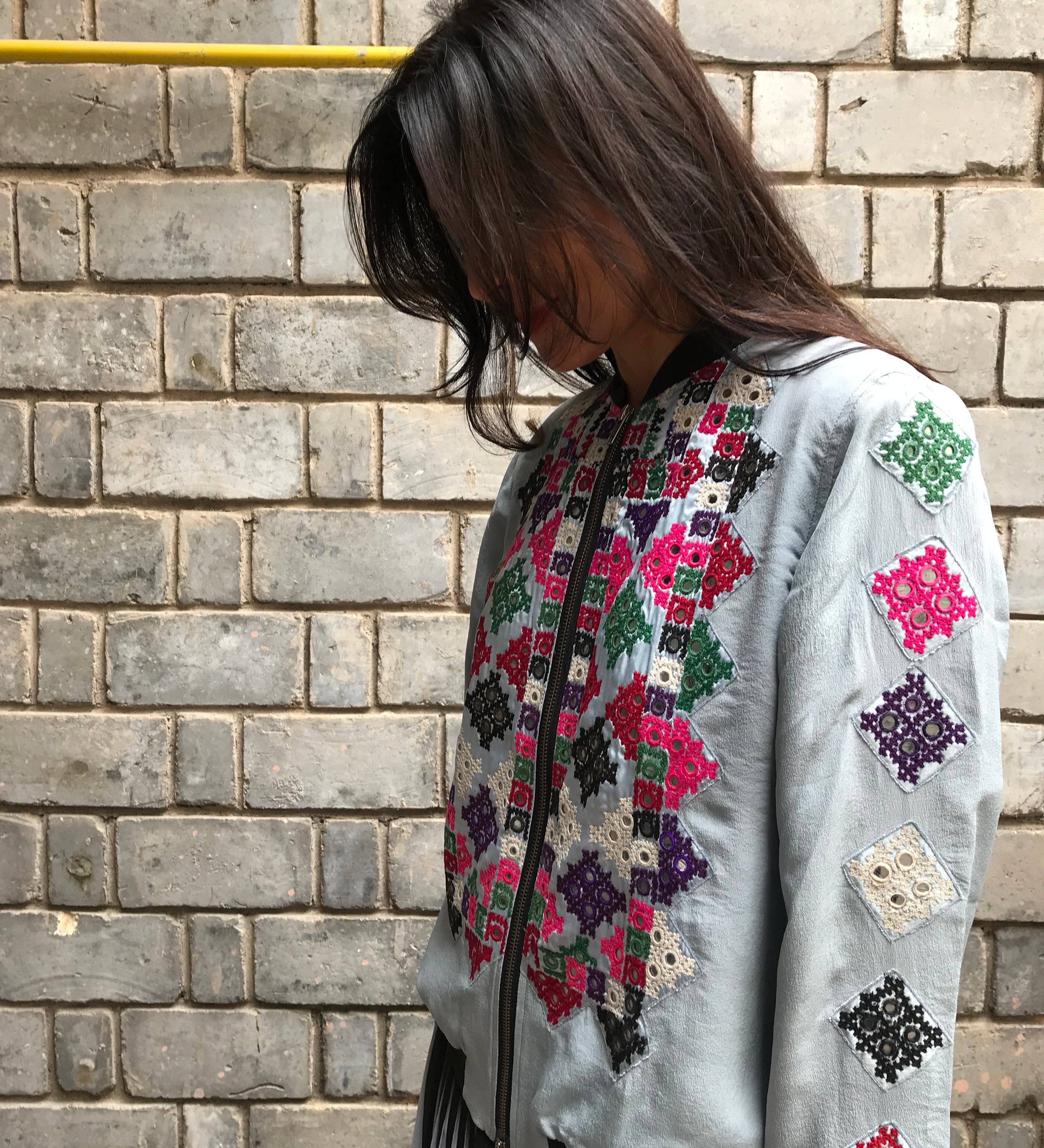 VINTAGE EMBROIDERY BOMBER, BLUE GREY SILK - SAAKI