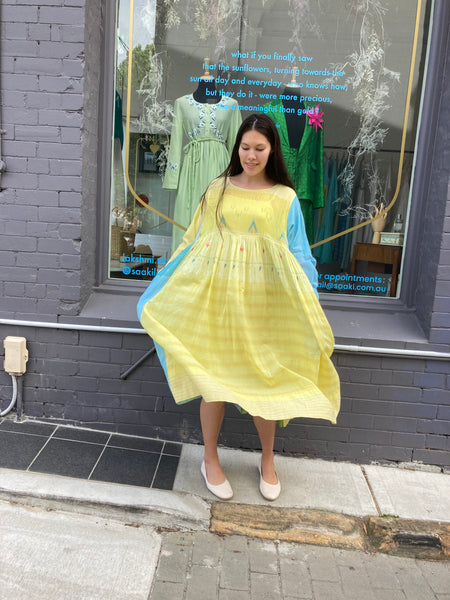 MUSLIN DRESS, BLUE / YELLOW COTTON SILK