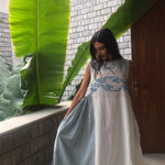 A-LINE SLEEVELESS DRESS, WHITE // BLUE JAMDANI - SAAKI