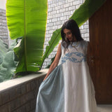 A-LINE SLEEVELESS DRESS, WHITE // BLUE JAMDANI - SAAKI