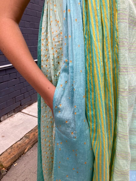 SLEEVELESS MIDI DRESS, BLUE / YELLOW COTTON SILK