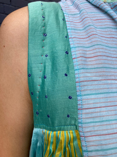 SLEEVELESS MIDI DRESS, BLUE / YELLOW COTTON SILK