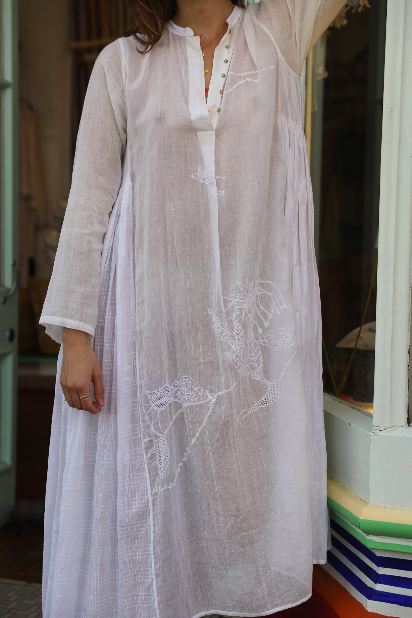 ヌキテパ Moss Rayon Chikan Embroidery Dress レディース
