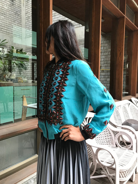 VINTAGE EMBROIDERY BOMBER, AQUA BLUE SILK - SAAKI