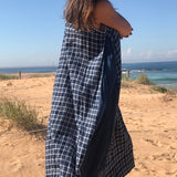 LONG CHECK SLIP DRESS, NAVY - SAAKI