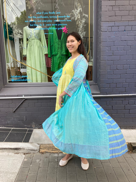 EMBROIDERED COAT DRESS, BLUE COTTON SILK