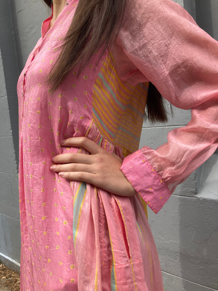 STRIPE SHIRT DRESS, PINK COTTON/SILK