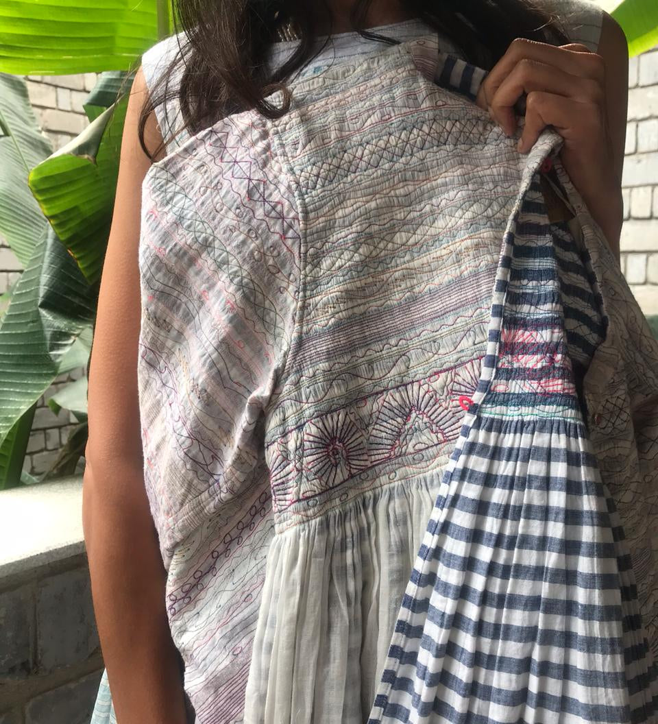 PLEATED COAT DRESS, WHITE // GREY STRIPE - SAAKI