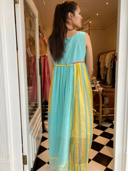 SLEEVELESS MAXI DRESS, BLUE / YELLOW COTTON SILK
