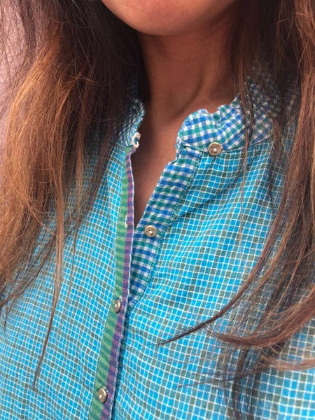 GINGHAM CHECKED SHIRT, GREEN // BLUE - SAAKI