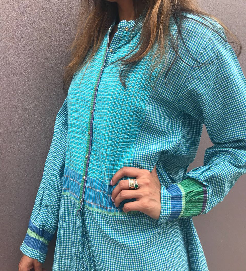 GINGHAM CHECKED SHIRT, GREEN // BLUE - SAAKI