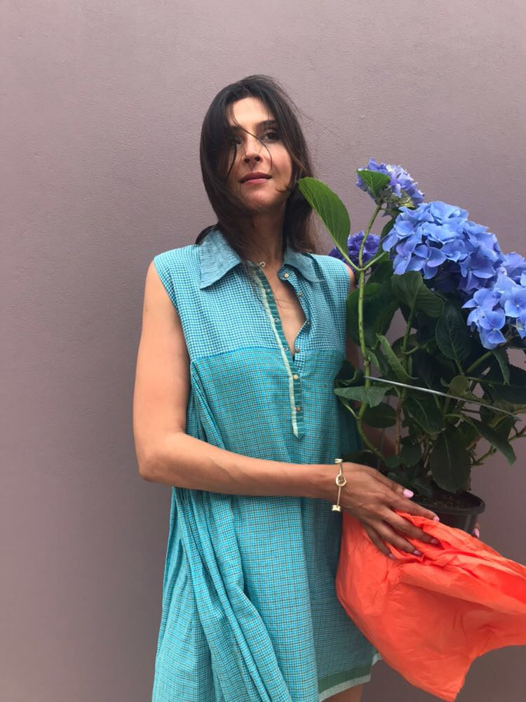 GINGHAM CHECKED BLOUSE, GREEN // BLUE - SAAKI