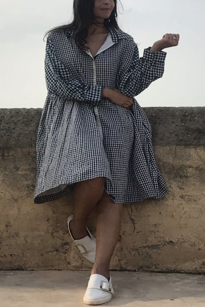 CHECK SHIRT DRESS, NAVY//IVORY - SAAKI