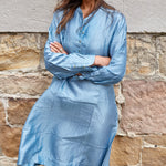 SILK SHIRT DRESS, SKY BLUE - SAAKI
