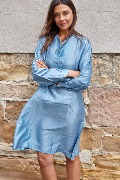 SILK SHIRT DRESS, SKY BLUE - SAAKI