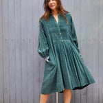 PLEATED EXAGGERATED SLEEVE SHIRT DRESS, GREEN - SAAKI