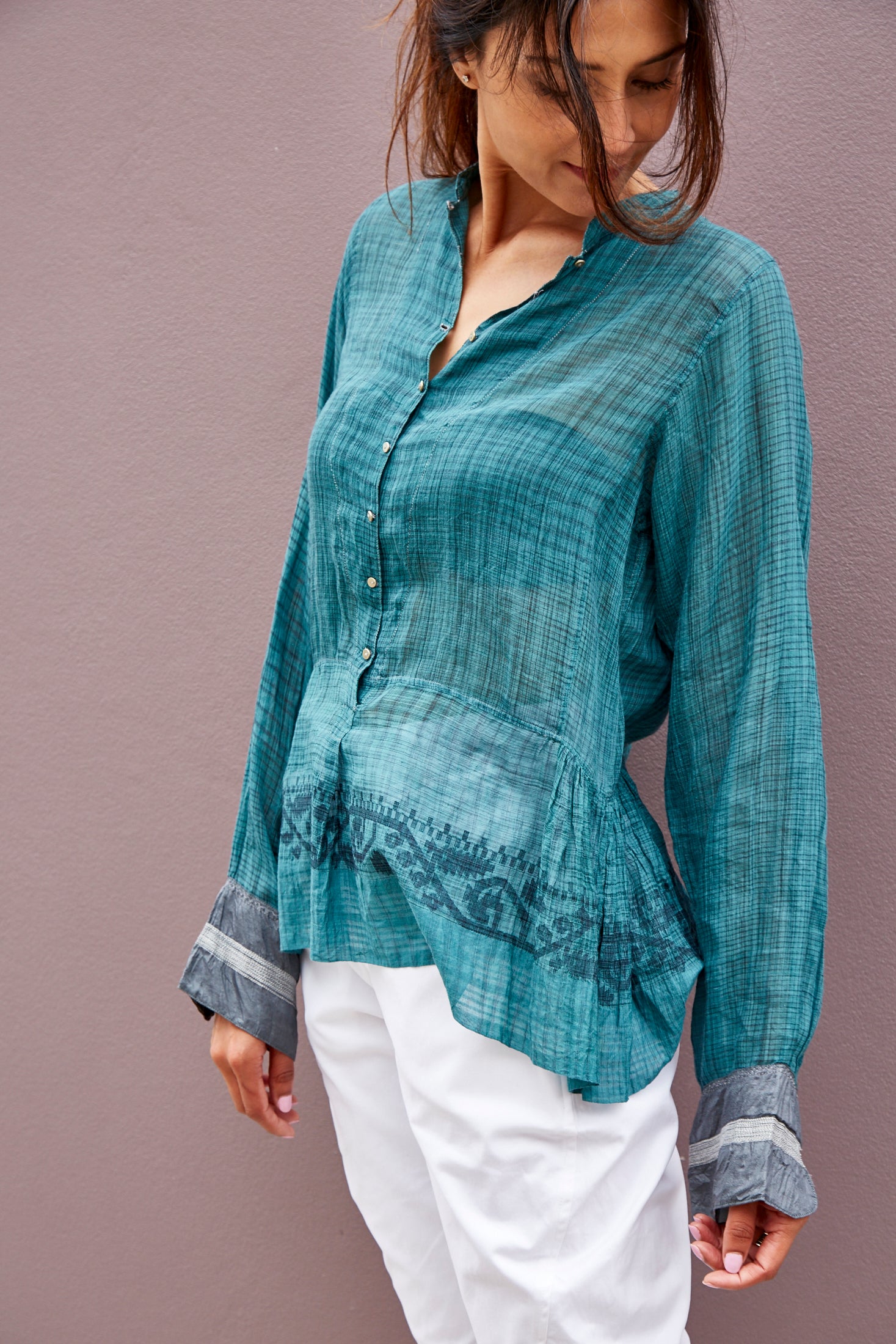 NEELGAR BLOUSE, DARK GREEN SHEER - SAAKI