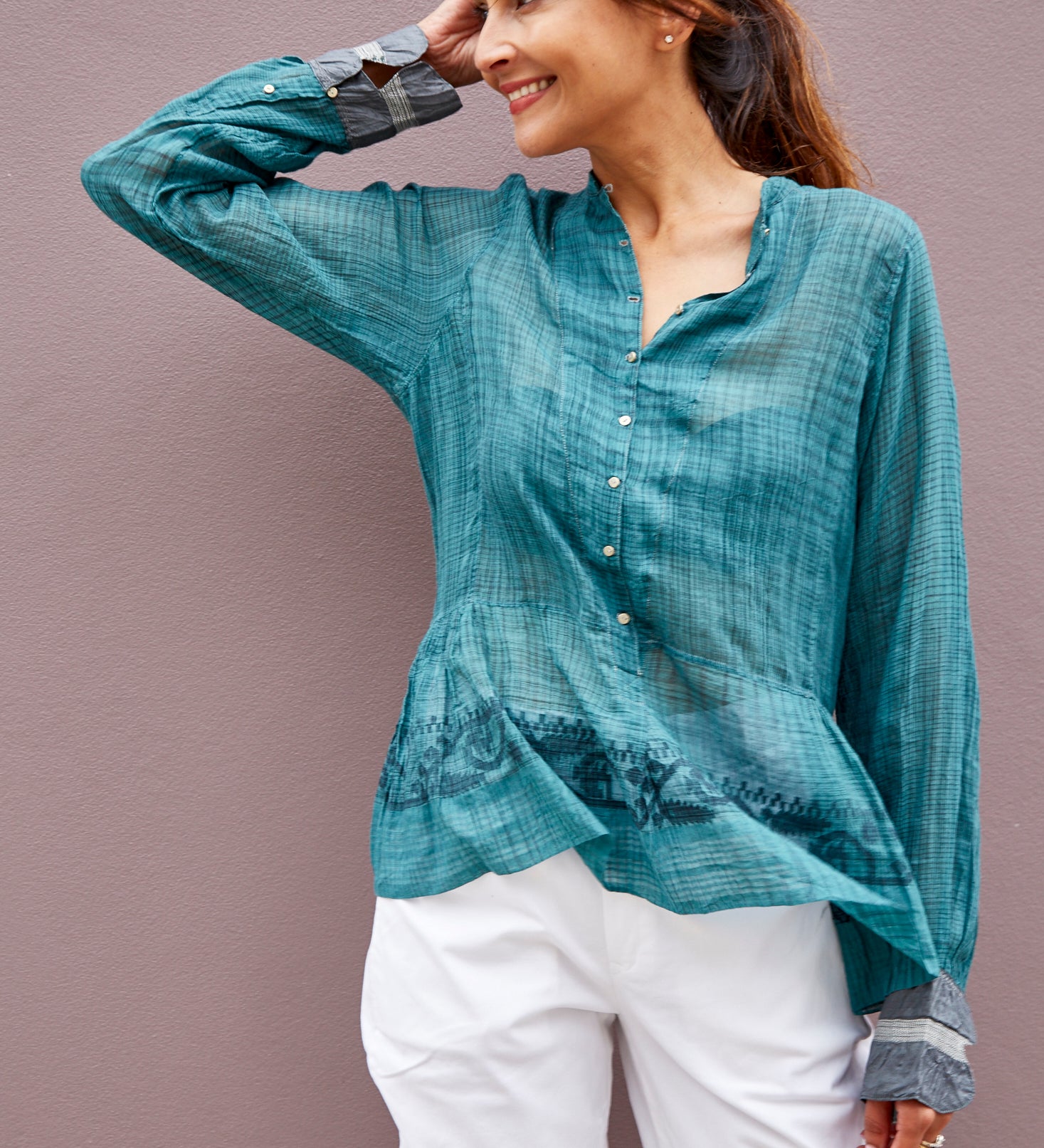 NEELGAR BLOUSE, DARK GREEN SHEER - SAAKI