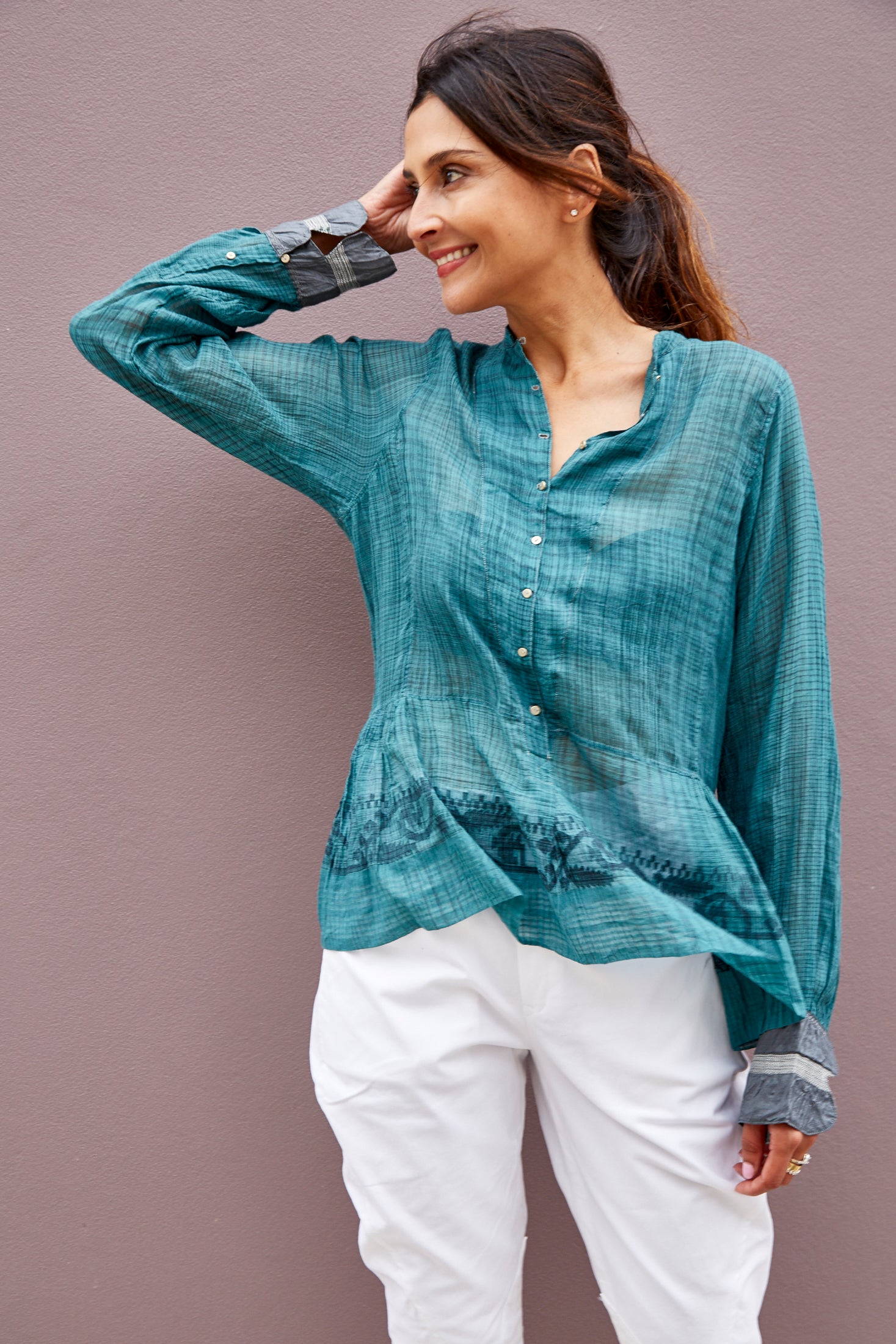 NEELGAR BLOUSE, DARK GREEN SHEER - SAAKI