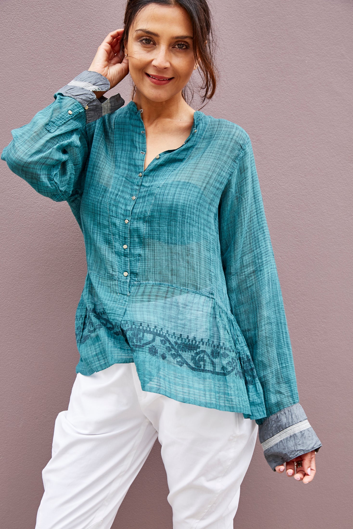 NEELGAR BLOUSE, DARK GREEN SHEER - SAAKI