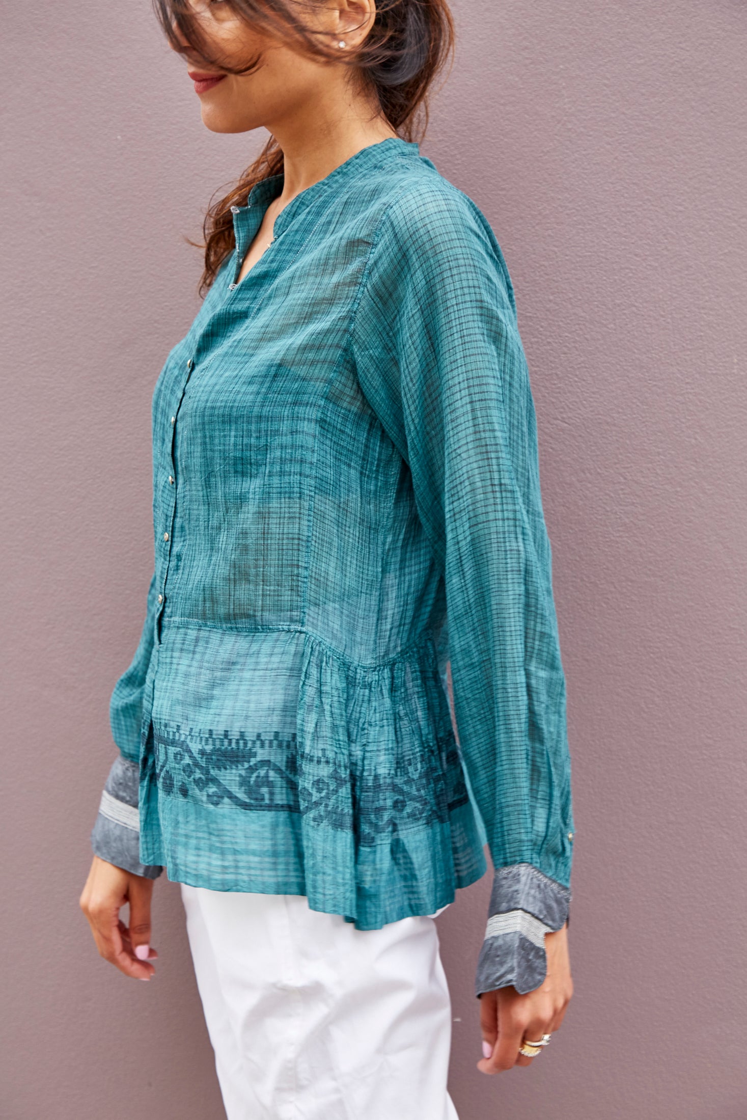 NEELGAR BLOUSE, DARK GREEN SHEER - SAAKI