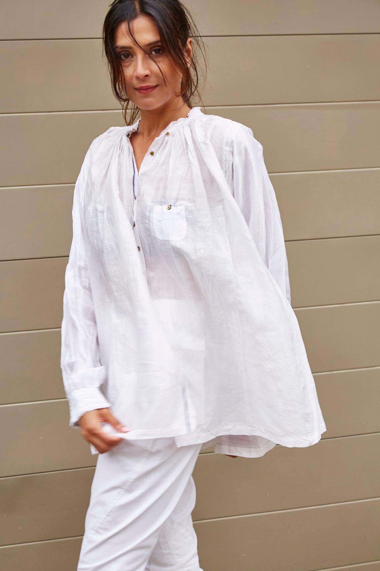 KORA RUFFLED SHIRT, WHITE SHEER - SAAKI