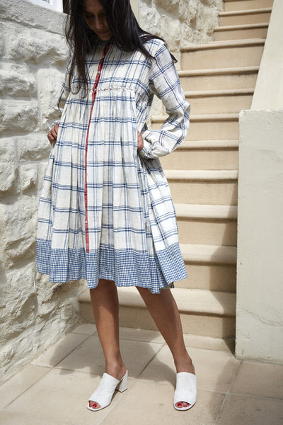 KINARI CHECK JACKET DRESS, CREAM & INDIGO - SAAKI