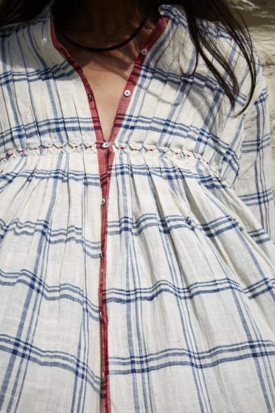 KINARI CHECK JACKET DRESS, CREAM & INDIGO - SAAKI
