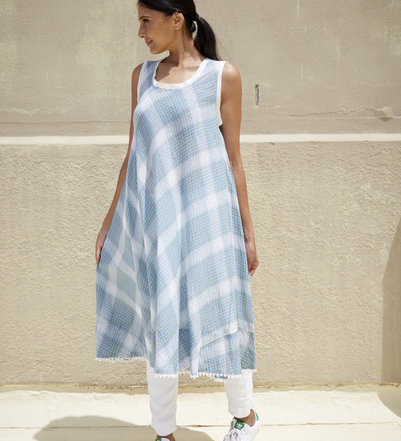 ADEE DRESS, WHITE & GREEN CHECK - SAAKI